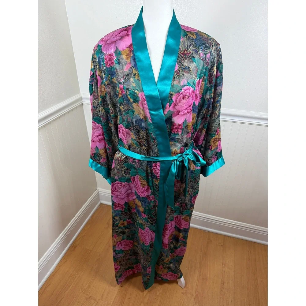 Inner Most Sears Vintage Long Floral Kimono Robe Teal‎ Trim Sheer Women Size L